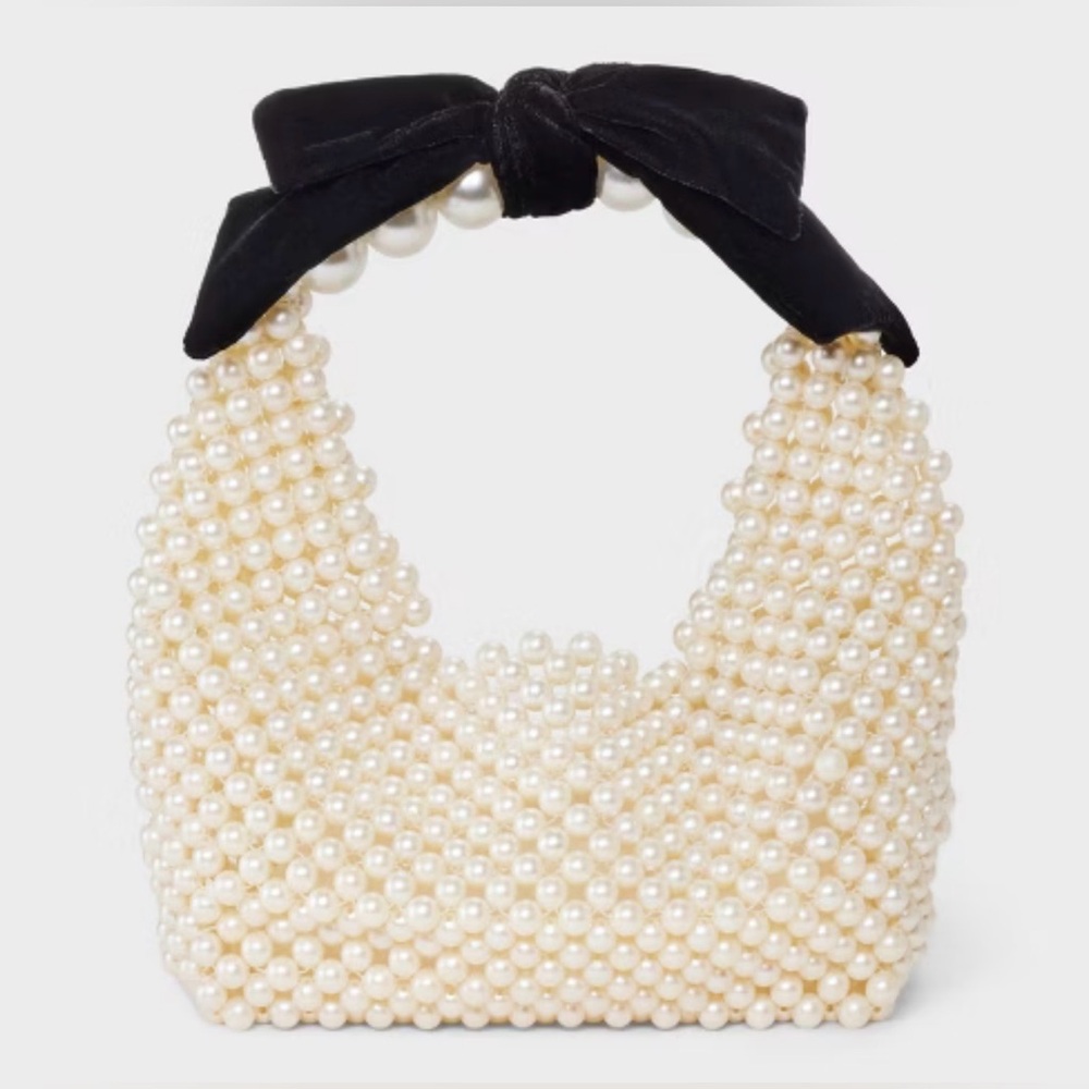 Elegant Pearl Beaded Handbag with Black Bow NWOT